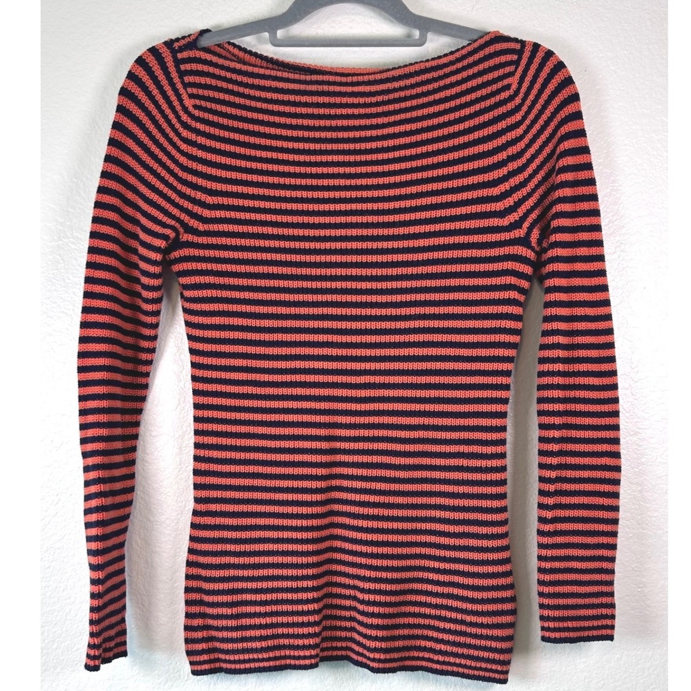 Lauren Ralph Lauren Striped Boat Neck Cotton Knit Sweater Navy Coral Orange S